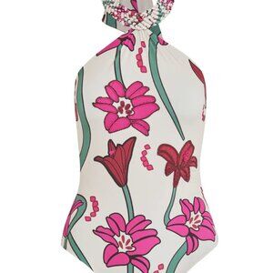 NWOT Juan de Dios Torre Del Cielo Embroidered / Beige Fuchsia Flowers Swimsuit